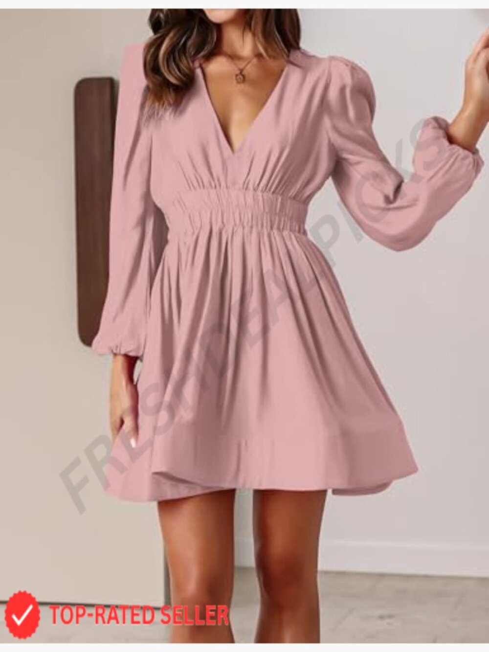 Mini Deep V Long Sleeve A-Line Flowy Dress for Wedding Guest Cocktail Party - Picture 2 of 6